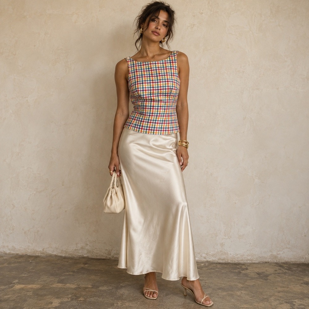Talbots Rainbow Silk Gingham Check Sleeveless Shell Top Vintage Womens Size 8P
